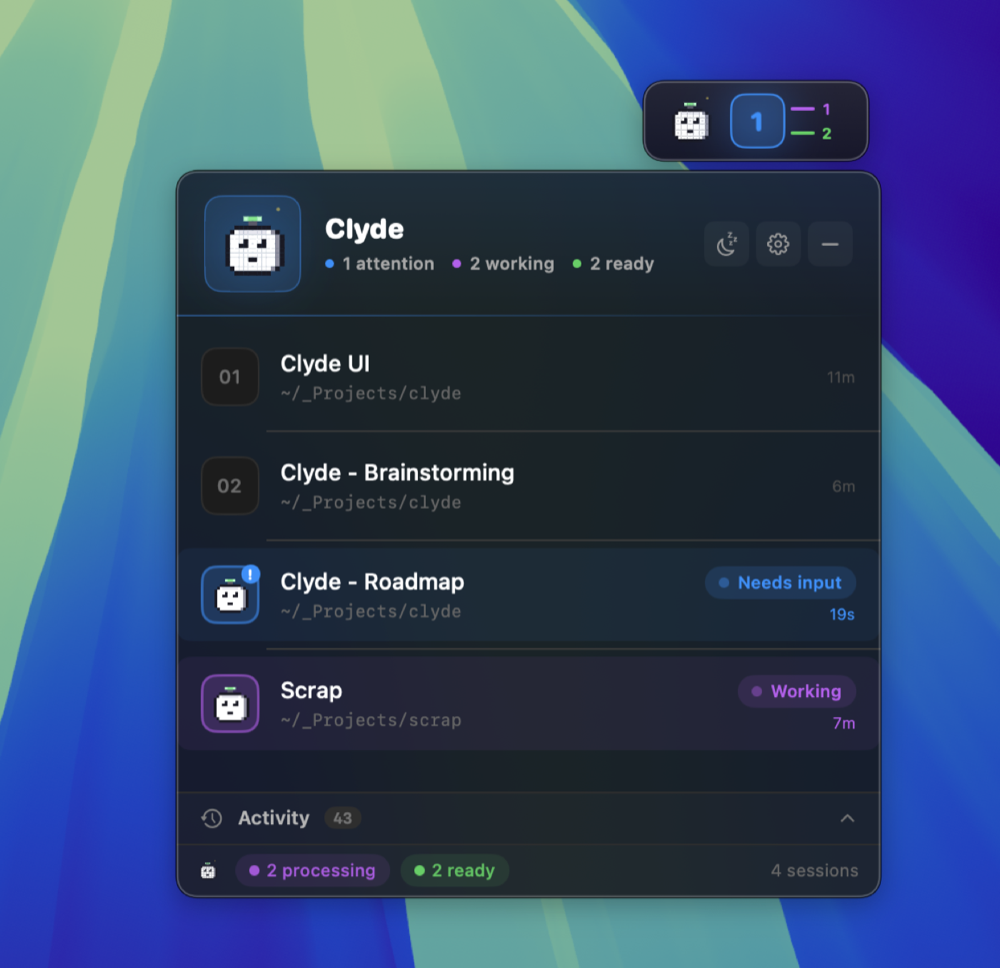 Clyde expanded view showing four Claude Code sessions with status pills