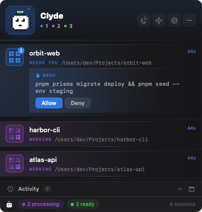 Clyde's panel with a permission request open on a session: the tool name, the full command, and Allow and Deny buttons
